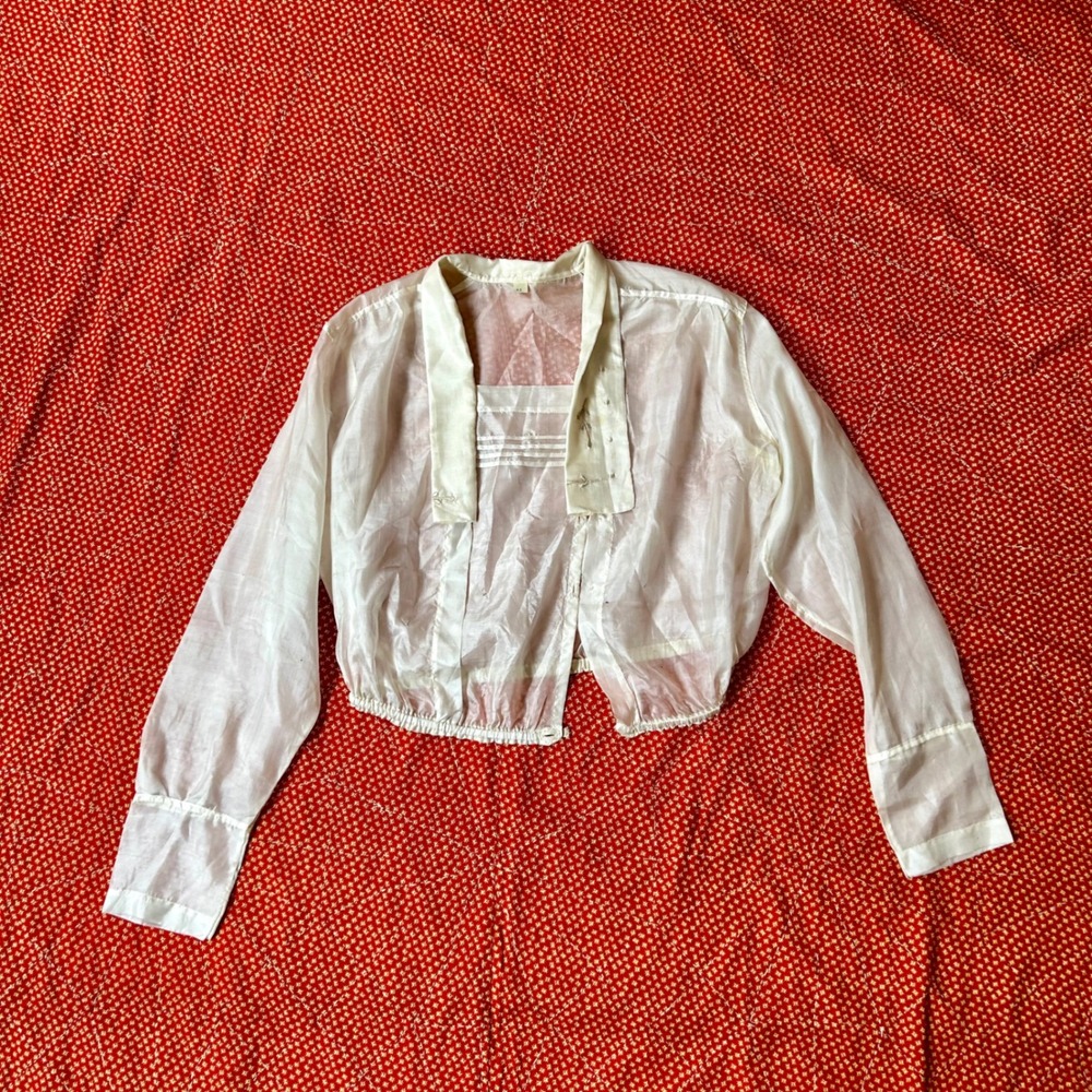 Antique 1920s 100% silk Sheer White Blouse waist Long Sleeve Button Up Size 42